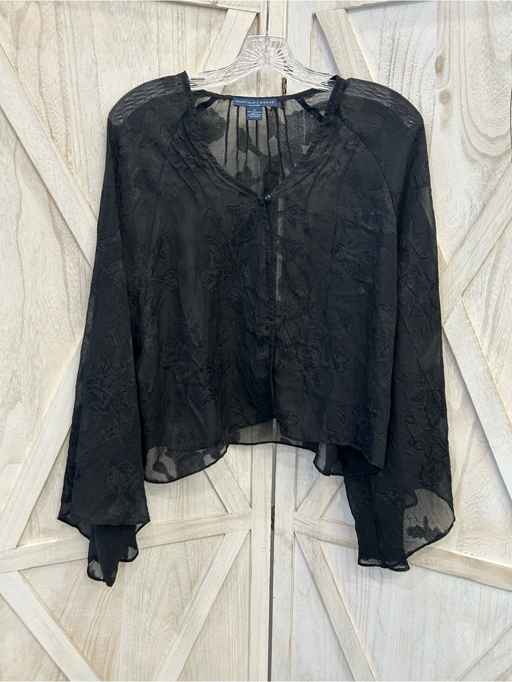 Black Sheer Embroidered Tie-Neck Blouse